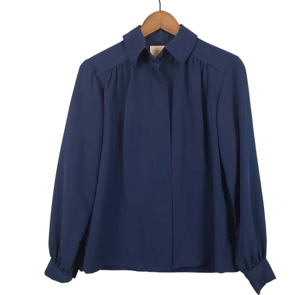 Vintage Pendleton Blouse Hidden Button Long Sleeve Navy Collar - 8